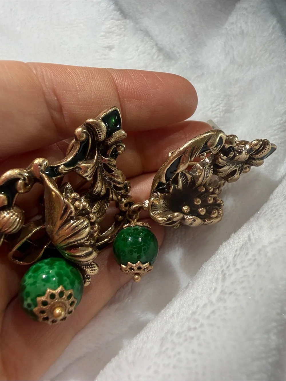 Kenneth Jay Lane Gold Floral Drop Earrings with Emerald Green Beads - Picture 3 of 5